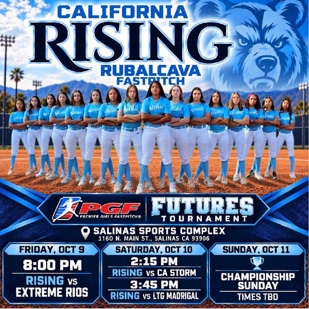 RisingRubalcava's tweet photo. We are headed to Salinas for the PGF Futures Tournament! 💙🥎

We’re ready to compete, play together, and leave it all on the field! 💪🏼🔥                                    Come out and support our girls as they RISE together! https://t.co/5uVyLhZMnx