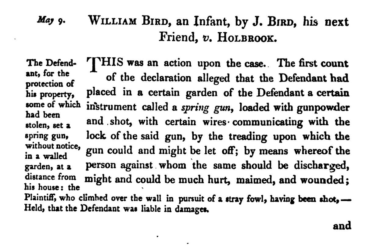 OrinKerr's tweet photo. Debates over legal liability for AI agents always remind me a bit of the early spring gun cases, like Bird v. Holbrook, 30 E.R. 911 (C.P. 1828).  AI is new in a lot of ways, but legal liability for harms conducted by machines programmed to act on their own is not the new part. https://t.co/Yfof0BGTE2
