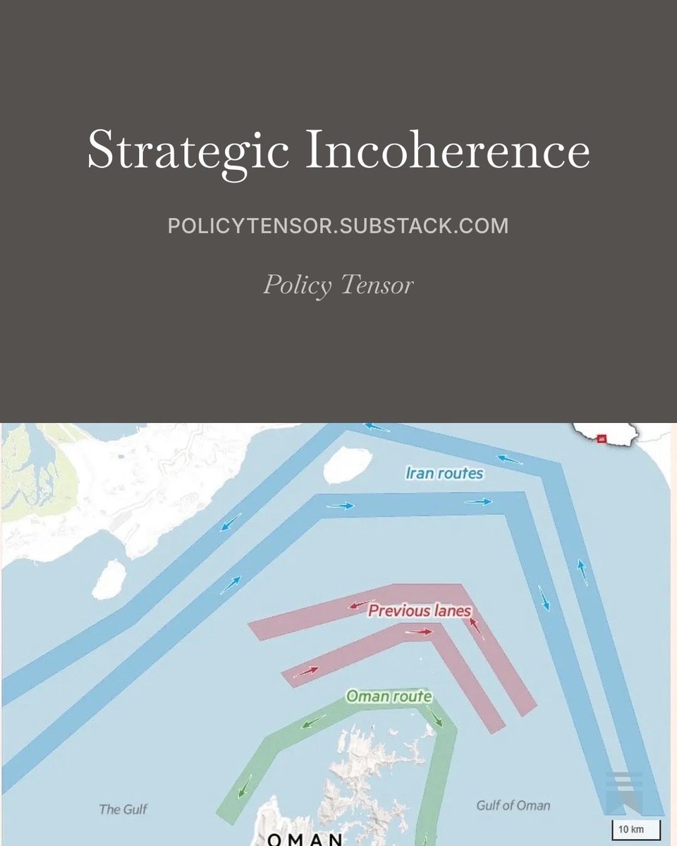 policytensor's tweet photo. One way to frame the Iranian conundrum is this: maybe the Hormuz weapon is not worth the candle? Maybe shooting at ships is not enough to counter naval primacy? Maybe the laws of the modern world have not been repealed by the second missile age after all.

https://t.co/ww5O8xv0a7 https://t.co/N6WXG6Vvkn