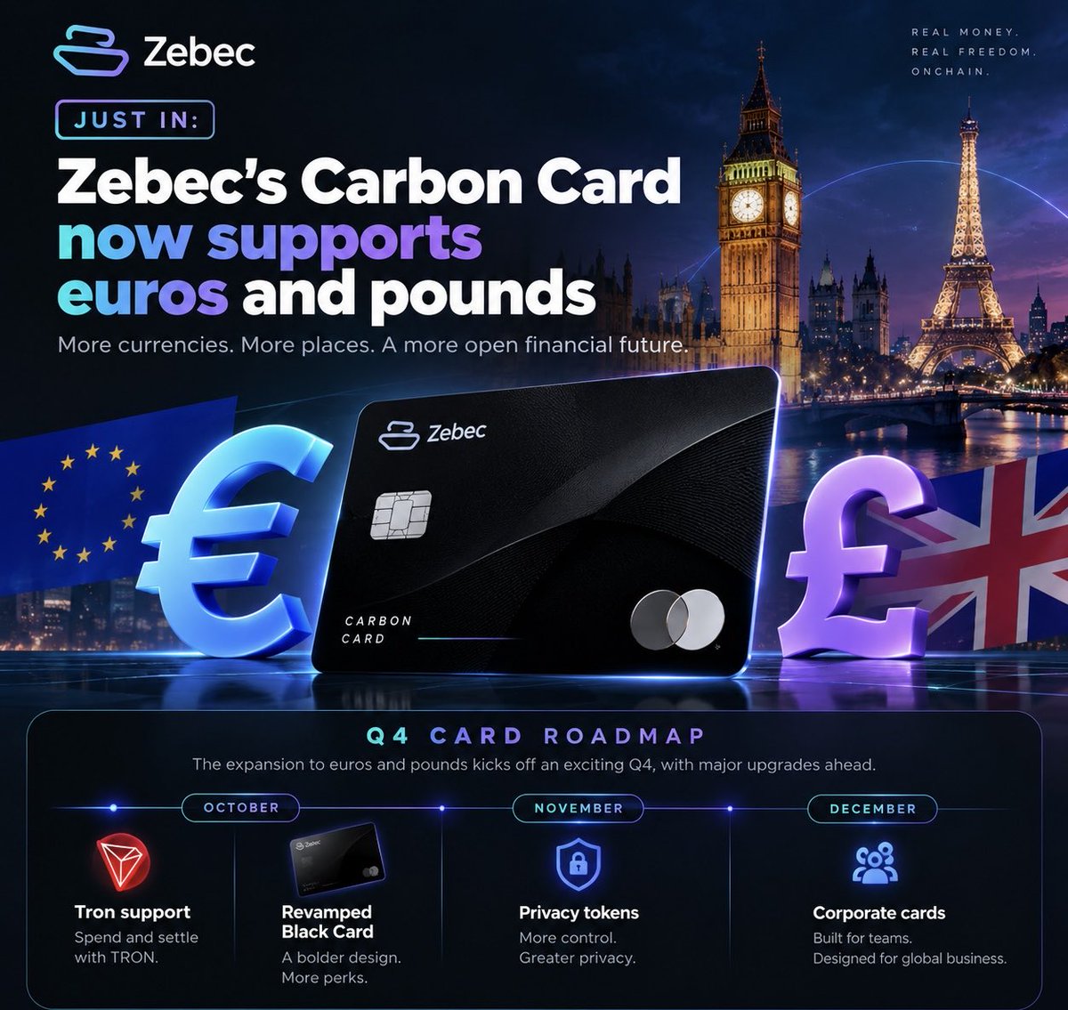 CaptainZackZBCN's tweet photo. JUST IN: Zebec Cards are expanding across Europe. 💳

The Carbon Card now supports euros 🇪🇺 and pounds 🇬🇧 kicking off a packed Q4 roadmap.

October: TRON + revamped Black Card
November: Privacy token support planned
December: Corporate Cards planned

More currencies. More utility. More ways to spend onchain. solana:ZBCNpuD7YMXzTHB2fhGkGi78MNsHGLRXUhRewNRm9RU 

And Q4 is just getting started.