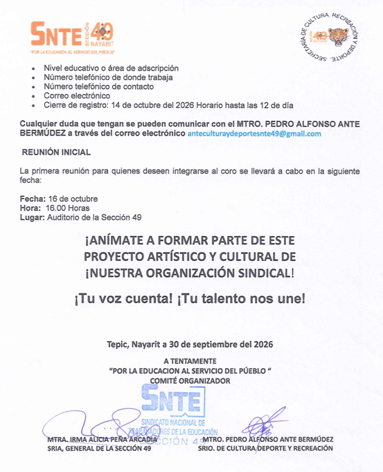 snte49nay's tweet photo. 🎶¡INTEGRA EL CORO DE LA SECCIÓN 49 DEL SNTE!🎶
 
La Sección 49 del SNTE invita a trabajadoras y trabajadores de la educación agremiados en activo, interinos, jubilados y pensionados con gusto por el canto y la música, a formar parte de este nuevo proyecto.

#Sección49 #SNTE https://t.co/ujBV40xREZ