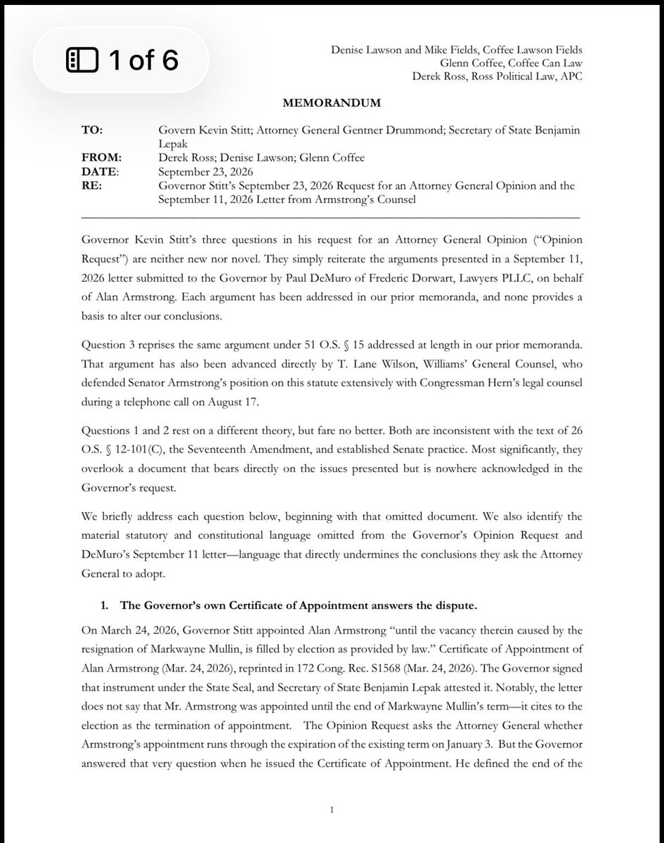 reesejgorman's tweet photo. News: Attorney’s representing Rep. Kevin Hern sent a letter to Oklahoma Gov Kevin Stitt, AG Gentner Drummond and the Secretary of State about the appointment of Oklahoma Sen Alan Armstrong. https://t.co/cq85gqhO5K