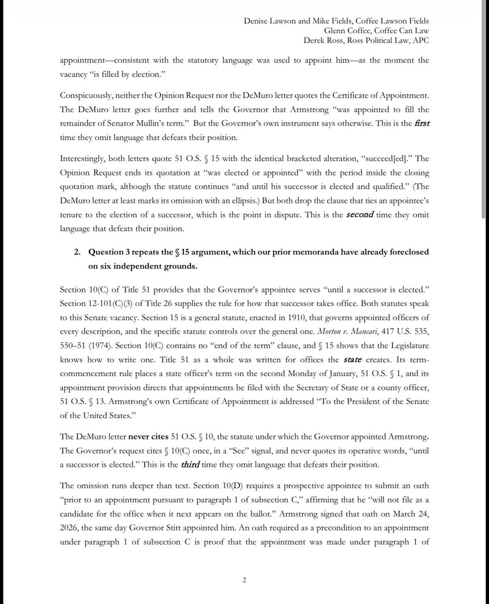 reesejgorman's tweet photo. News: Attorney’s representing Rep. Kevin Hern sent a letter to Oklahoma Gov Kevin Stitt, AG Gentner Drummond and the Secretary of State about the appointment of Oklahoma Sen Alan Armstrong. https://t.co/cq85gqhO5K