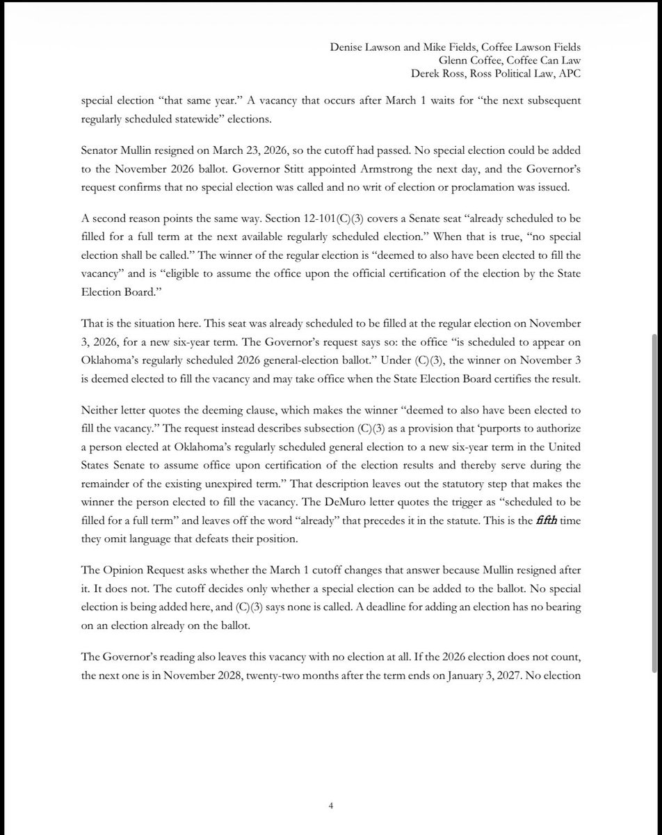 reesejgorman's tweet photo. News: Attorney’s representing Rep. Kevin Hern sent a letter to Oklahoma Gov Kevin Stitt, AG Gentner Drummond and the Secretary of State about the appointment of Oklahoma Sen Alan Armstrong. https://t.co/cq85gqhO5K