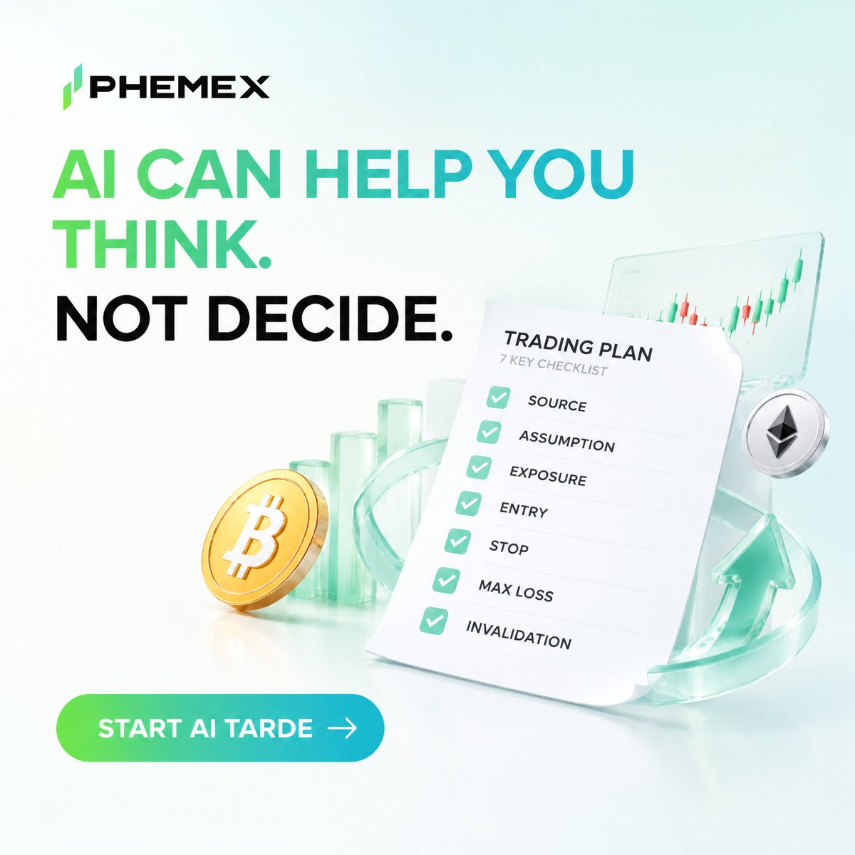 Phemex_official's tweet photo. AI can summarize the market in seconds.

It cannot verify your live balance, choose your risk limit, or make leverage safer. 

Use it to question the setup — not approve it.

Research faster. Review harder. Confirm deliberately. https://t.co/gfEzh98ScL