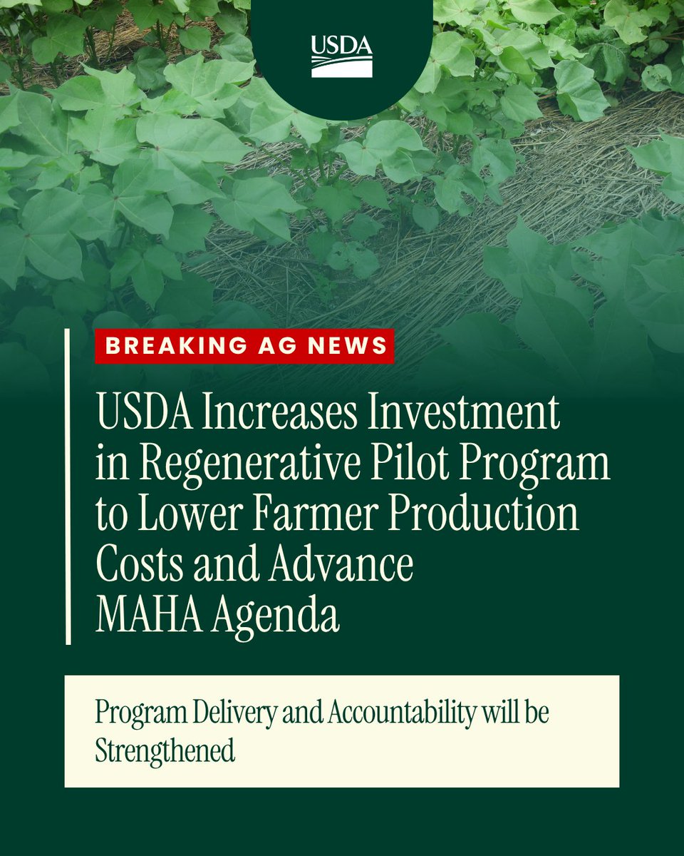 USDA's tweet photo. 🚨 USDA is making an additional $1 BILLION investment in the Regenerative Pilot Program in FY 2027, providing more producers with the opportunity to adopt conservation systems that improve soil health, water quality, and long-term farm resilience.

Producers can now apply for assistance with regenerative practices through their local @USDA_NRCS Service Center or visit https://t.co/j4tER3ActQ.

🔗 https://t.co/e3JKDzfL6N