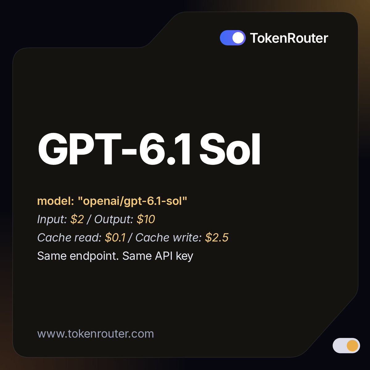 TokenRouter_US's tweet photo. GPT-6.1 Sol (@OpenAI) is now available on TokenRouter. https://t.co/66sy5K9VlS