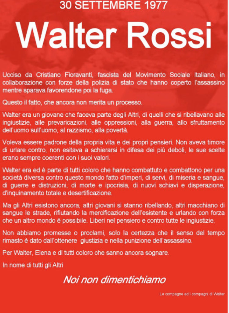 claudio_vergni's tweet photo. Roma,  30 settembre 1977.
Con rabbia e con amore.
Ciao Walter ❤️
#walterrossi
#chihacompagninonmuoremai https://t.co/lvKfZaff7H