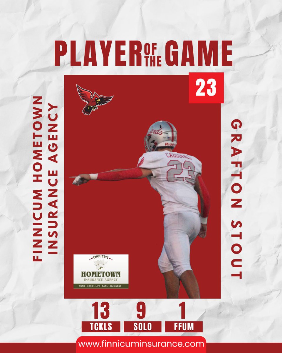 SVCardsFootball's tweet photo. #23 Grafton Stout is the Week 6 Finnicum Hometown Insurance Agency Player of the Game!
⭐️
Stout had 13 total tackles in the Cardinals game against Claymont, 9 of which were solo. He also caused one fumble for the Mustangs. Go Grafton! https://t.co/6OPwWJNqFk