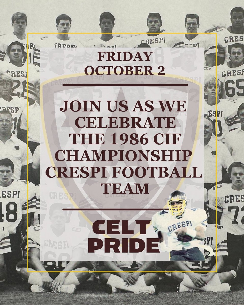 FootballCrespi's tweet photo. Looking forward to celebrating the 1986 Southern Section Division I championship team as well as the great Russell White ‘89 on Friday night on Scheper Family Field at Calfo Family Stadium!

Celts take on La Salle in the league opener at 7pm.

#celtpride https://t.co/MDkesp9FGI