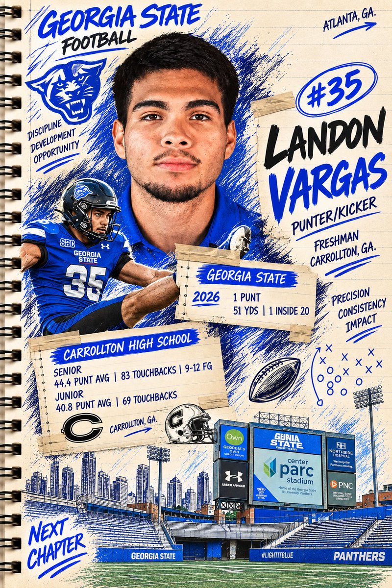 GSUPantherPulse's tweet photo. @DellMcGee @GeorgiaStateFB #GSU has a leg! @LandonVargas84 kicked for a @Carrollton_High Trojans squad that went 34-3 in his 3 years there. His 1st college punt vs Northern Illinois flipped the field and pinned them deep. True freshman. We've got a weapon.
#LightItBlue #NewAtlanta #GoPanthers https://t.co/RKYflAHOVk