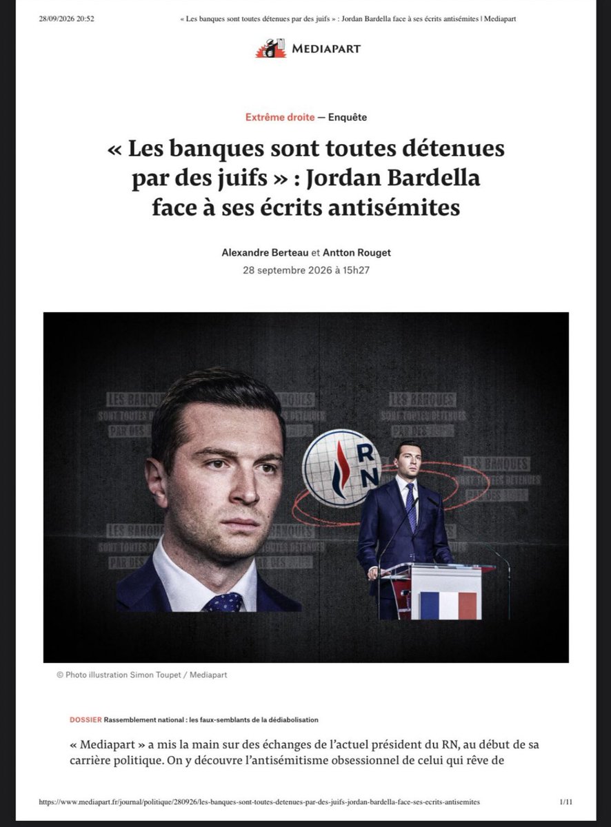 HendaAyari5's tweet photo. Monsieur @edwyplenel, 

Vous mobilisez aujourd’hui toute la puissance d’investigation de Mediapart pour tenter de démontrer que des messages antisémites datant de plusieurs années auraient été écrits par Jordan Bardella.

L’antisémitisme doit être dénoncé et combattu.Mais cette exigence ne peut pas être appliquée à géométrie variable. Elle devrait s’accompagner de la même rigueur, de la même détermination et de la même volonté d’enquêter, quel que soit le nom de la personne mise en cause.

Alors pourquoi cette différence de traitement entre Jordan Bardella et Tariq Ramadan? 

Vous êtes un journaliste d’investigation reconnu.Vous savez enquêter pendant des mois, remonter des années en arrière, retrouver des échanges, identifier des réseaux, des soutiens, des relais et des financements. Quand je vois les moyens et l’énergie consacrés à rechercher et authentifier de vieux messages attribués à Jordan Bardella, je me demande pourquoi vous n’avez jamais consacré la même énergie à enquêter en profondeur sur l’homme que vous présentiez comme un « intellectuel respectable ».

Les accusations d’antisémitisme qui visaient Tariq Ramadan étaient pourtant connues depuis longtemps. Elles reposaient sur des propos publics qui avaient suscité de nombreuses critiques.

En 2003, dans une tribune publiée dans Le Monde, Tariq Ramadan appelait à un « moratoire » sur la lapidation des femmes adultères, tout en refusant de condamner clairement ce châtiment. Cette position avait été dénoncée comme ambiguë et incompatible avec les principes universels des droits humains.

En 2004, dans un texte consacré à plusieurs intellectuels juifs français, il évoquait des « intellectuels juifs » qui auraient constitué une « mafia » cherchant à imposer leur influence dans les médias et les institutions, cette formulation a été largement dénoncée comme relevant d’un imaginaire complotiste et antisémite.

Il a également été accusé d’avoir repris, dans certains discours, des thèmes associant Israël, les Juifs et les réseaux d’influence à une domination politique ou médiatique. Là encore, ces propos auraient mérité une analyse rigoureuse, une enquête approfondie et une condamnation claire.

Cela ne vous a pourtant pas empêché de débattre publiquement avec lui, de défendre sa place dans l’espace public et de le présenter comme un « intellectuel respectable ». Vous déclariez même à son sujet : « Je le lis, je l’écoute et je ne vois aucune ambiguïté. Il y avait pourtant énormément à chercher, ses réseaux en France et en Suisse, ceux qui l’ont soutenu et légitimé pendant des années, ses relais, ses financements, ainsi que les personnes qui ont contribué à construire son influence et celles qui continuent encore à l’entourer.

Je suis la première femme à avoir porté plainte contre Tariq Ramadan en France. Pendant neuf ans, je me suis battue pour que justice soit rendue. Il a finalement été condamné en France à 18 ans de réclusion criminelle pour les viols de trois femmes.

Il avait quitté la France pour la Suisse alors que son contrôle judiciaire lui interdisait de quitter le territoire sans autorisation. Il ne s’est pas présenté à son procès, a été jugé par défaut et un mandat d’arrêt a été délivré et malgré tout cela, il continue ses activités depuis la Suisse. Pourquoi ne pas enquêter sur Tariq Ramadan ? Sur ses réseaux en Suisse ? Sur ses activités et son influence ?Pourquoi ne pas examiner avec la même rigueur ses déclarations publiques ?Ce travail aurait dû être fait depuis longtemps. J’aurai aimé voir toute cette puissance d’investigation déployée aussi pour lui.

L’antisémitisme ne peut pas être dénoncé selon les intérêts du moment. L’investigation ne devrait pas davantage varier selon les personnes que l’on a autrefois défendues ou légitimées.

Je m’interroge sur ce deux poids, deux mesures. Vous avez les moyens d’enquêter.Vous avez l’expérience. Vous avez démontré votre détermination.

Il n’est donc jamais trop tard pour appliquer la même exigence à Tariq Ramadan.