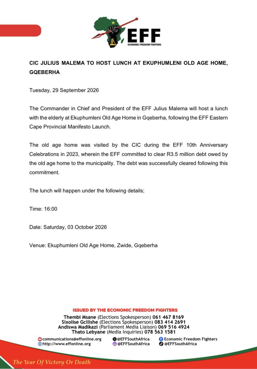 zizipho50's tweet photo. Woow EFF cleared R3.5 million debt owed by the old age home to the municipality - 

The only organization that cares about South Africans. Which other organization pays R3.5 million to clear debt of our people. 🔥🔥🔥👏👏

#VoteEFFLGE #VoteEFF https://t.co/UzpHKTxXRZ
