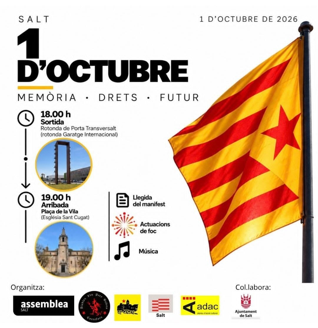 esquerra_Salt's tweet photo. 🔛L'#1Octubre és una data per reivindicar la participació ciutadana, la defensa dels drets democràtics i la força de la mobilització col·lectiva
Som i serem! ✊🏼
📍Ens trobem l'1 d'octubre per caminar plegats des de la Porta Transversal fins a la Plaça de la Vila
#Salt https://t.co/3YfWGPizSD