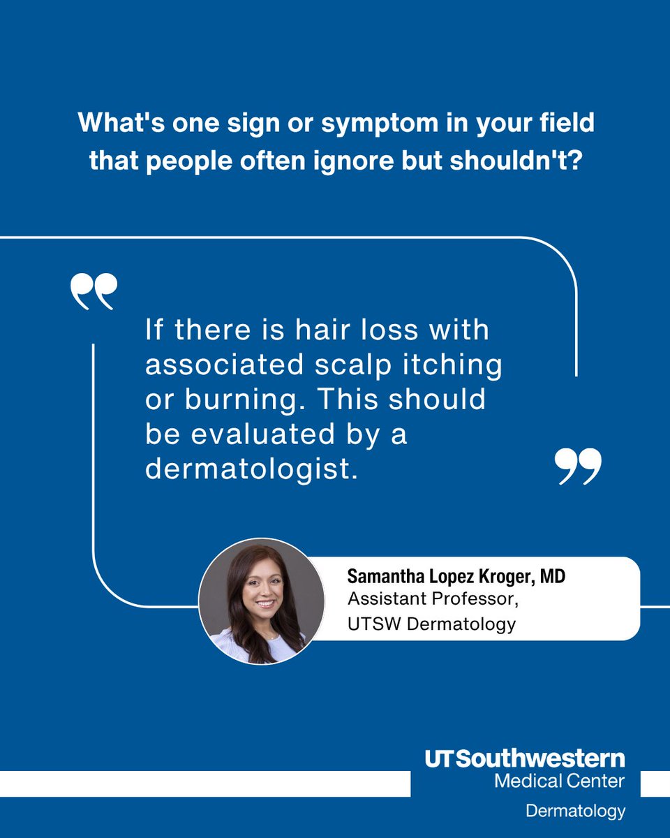 UTSWDerm's tweet photo. Not every symptom is "just" annoying. 

Dr. Samantha Lopez Kroger explains why this one deserves a second look… part of our series featuring common questions and answers from our faculty.

#UTSWDermatology #HairHealth https://t.co/juFWJzPsYt