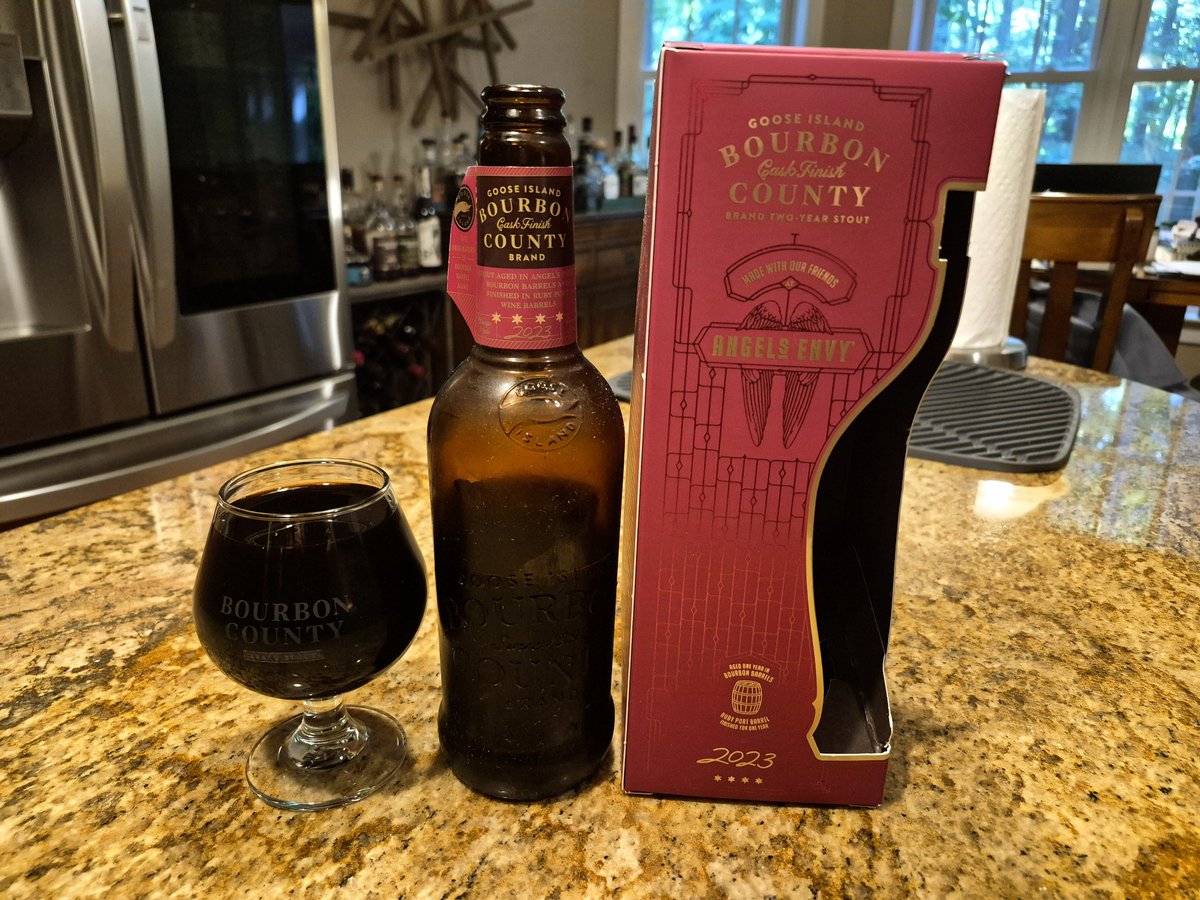 scottvillers's tweet photo. Special occasion with the Carolina Hurricanes raising the banner from last year's Stanley Cup win! #drinkcheck #ilbeer @GooseIsland Bourbon County Brand Angel's Envy 2-year Cask Finished Stout (2025) https://t.co/hTCDPd1UXW