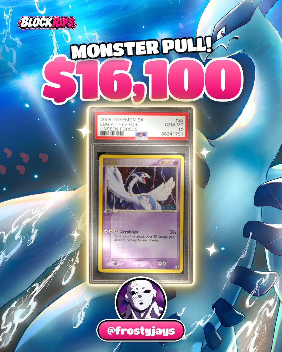 BlockRips's tweet photo. WHAT. A. PULL.

@FrostyJayss with our biggest rip to date.

2005 #29 Lugia Reverse Foil PSA 10

$16,100 grail 💰

Well played, Frosty. https://t.co/DpJ7nPJhFK