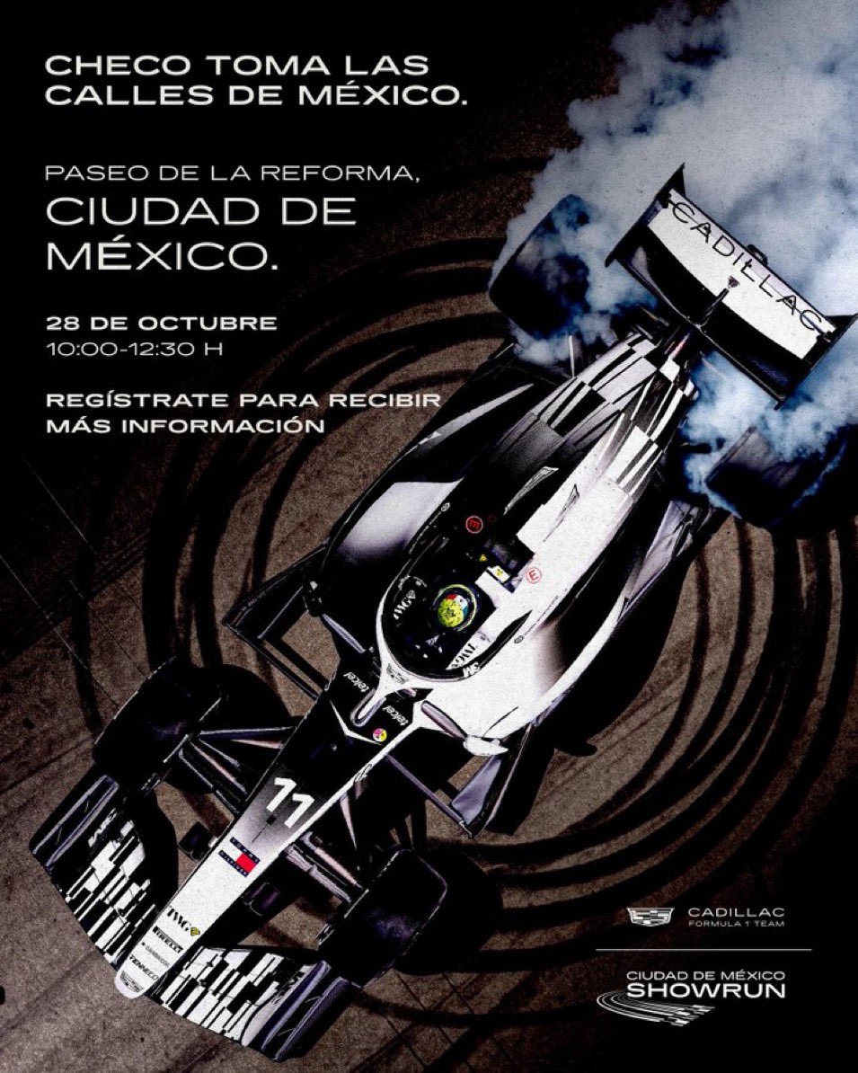 PrimeF1__'s tweet photo. ⚠️ ¡ES OFICIAL: @SChecoPerez HARÁ SHOWRUN CON @Cadillac_F1 ESTE AÑO EN LA CDMX!

Se confirma que el próximo miércoles 28 de octubre, a las 10am (hora local), el piloto mexicano volverá a tomar el Paseo de la Reforma para deleitar a todos los aficionados del deporte motor. 🔥🇲🇽 https://t.co/mgT0CZ0HA4