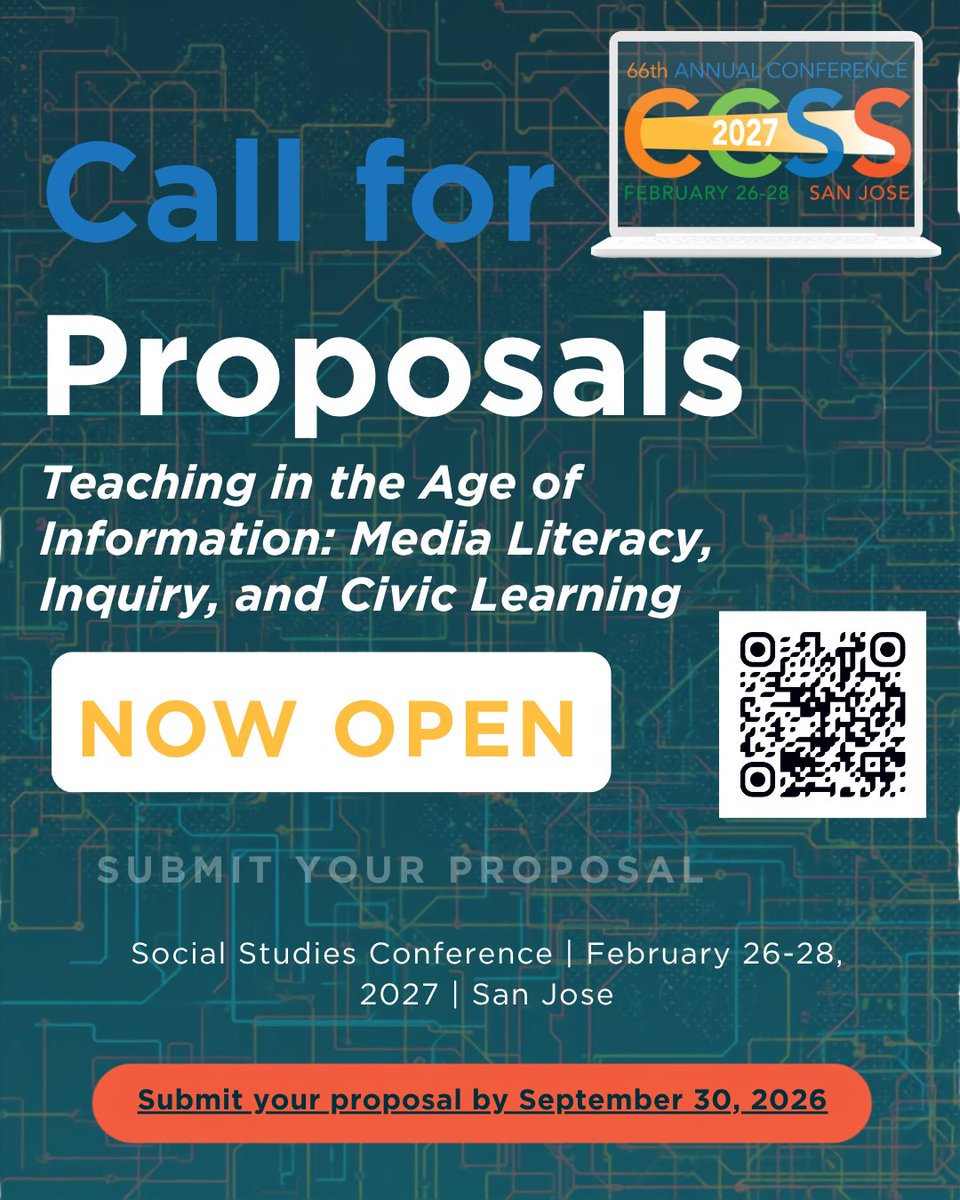 CAsocialstudies's tweet photo. Proposals DUE TOMORROW  the Annual Conference! February 26-28, 2027 in San Jose  Share your best strategies, lessons, and ideas to help students think critically, evaluate information, and engage as informed citizens.  Submit your proposal today! https://t.co/7Reiw3PHe6 https://t.co/S3gGk0uh3q