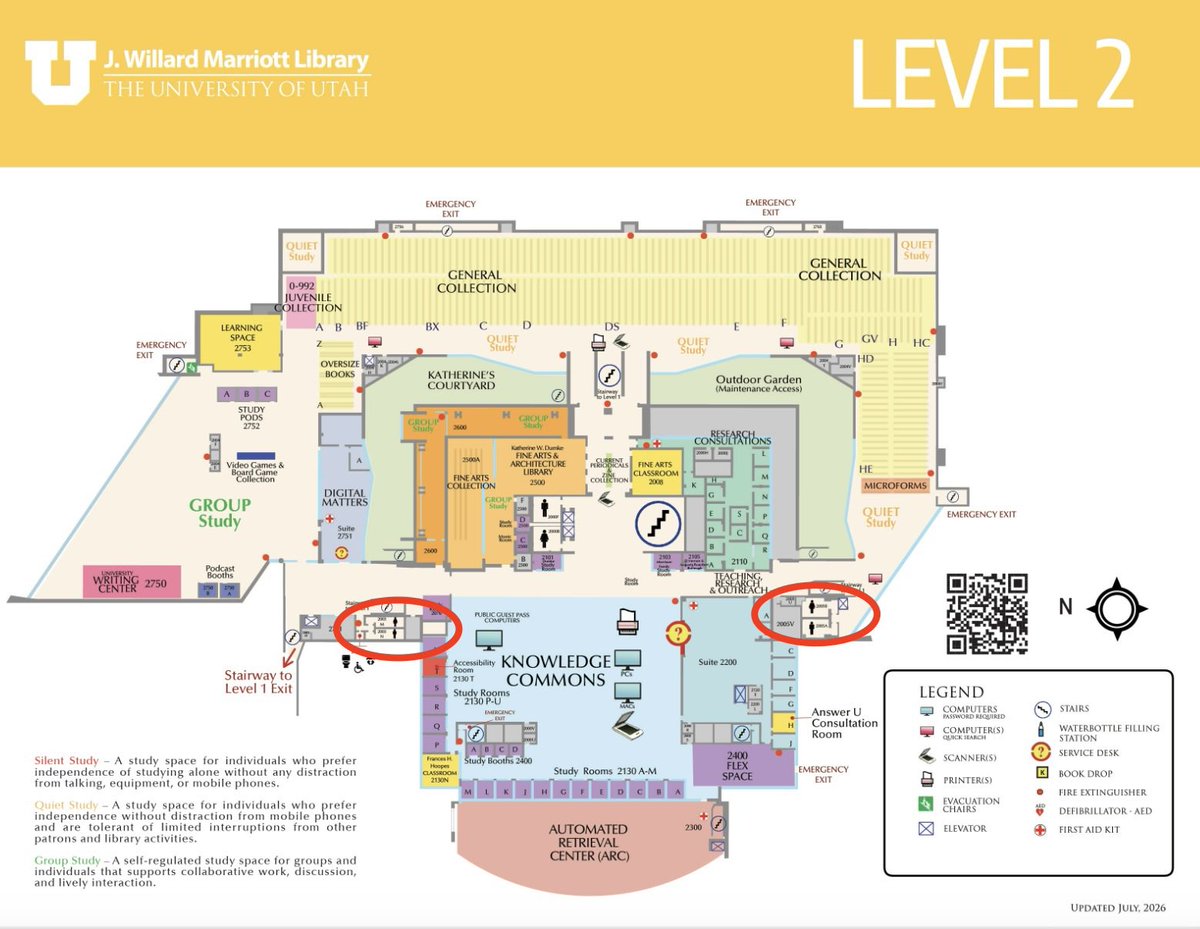 MarriottLibrary's tweet photo. 🚨IMPORTANT UPDATE🚨

Majority of the restrooms at the Marriott Library on levels 1-5 will be closed until further notice. 

ETA for repair is estimated to be EOD today (09/29/2026). 

Available restroom locations on levels 1 and 2 are circled below. Thank you for your patience. https://t.co/JObOLnLPbT