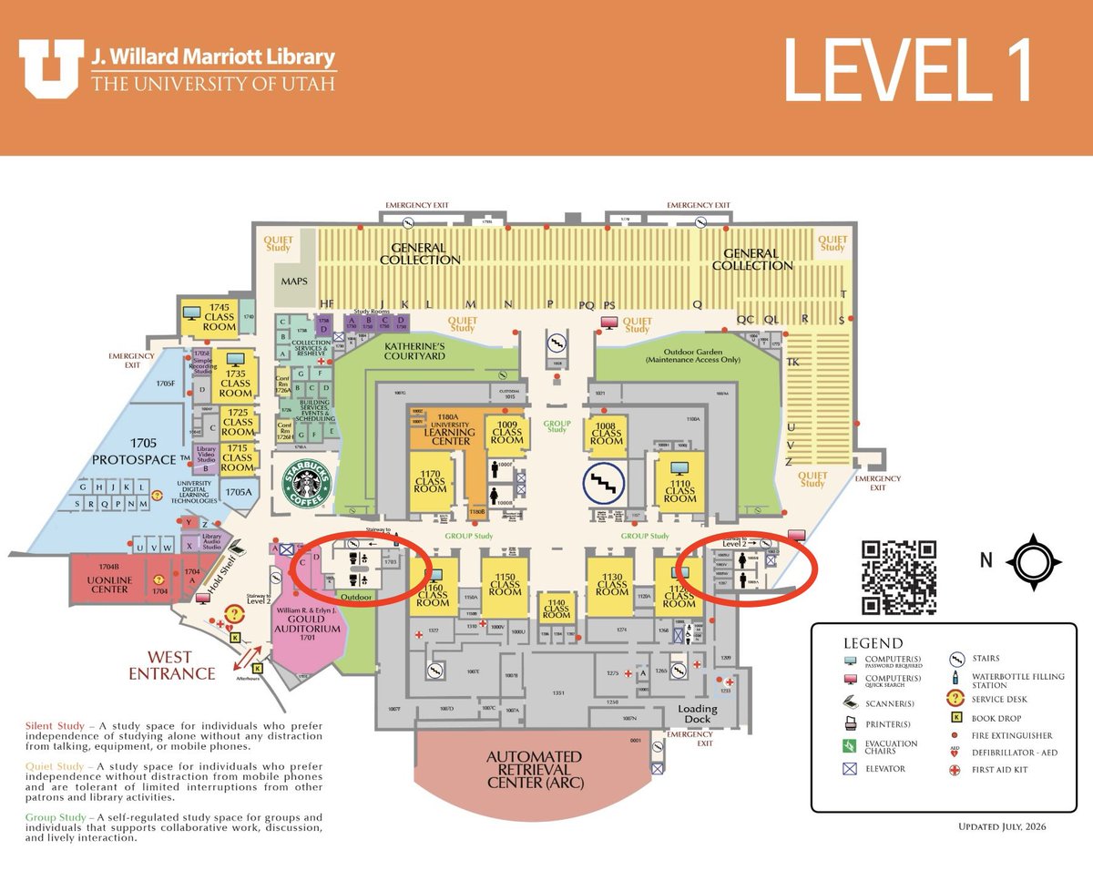 MarriottLibrary's tweet photo. 🚨IMPORTANT UPDATE🚨

Majority of the restrooms at the Marriott Library on levels 1-5 will be closed until further notice. 

ETA for repair is estimated to be EOD today (09/29/2026). 

Available restroom locations on levels 1 and 2 are circled below. Thank you for your patience. https://t.co/JObOLnLPbT