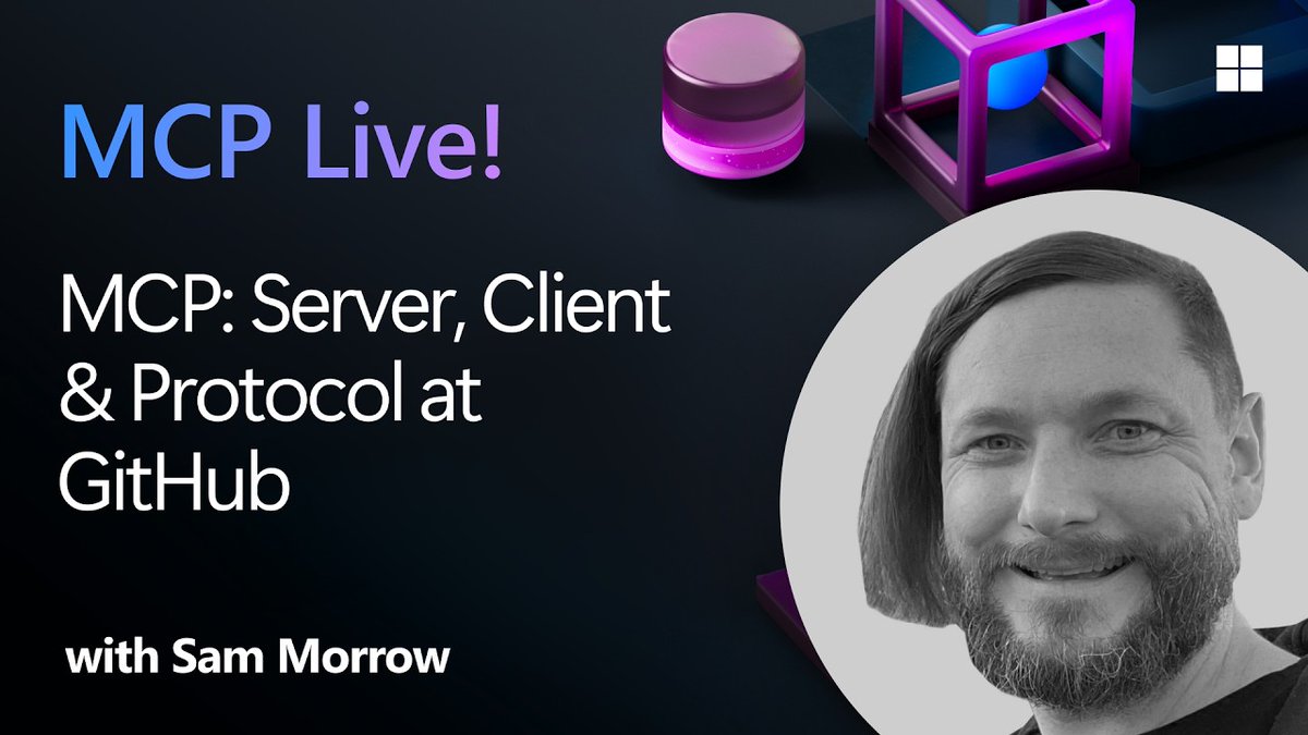 AzureDevOps's tweet photo. ⚙️ MCP is becoming the plumbing of AI agents.
Join GitHub MCP co-creator Sam Morrow for a deep dive into MCP servers, clients, protocol design, and the latest features shipping from GitHub. 🤖🔌
📺 Watch: https://t.co/i4NGmI9oAh https://t.co/bZlHpt4IGt