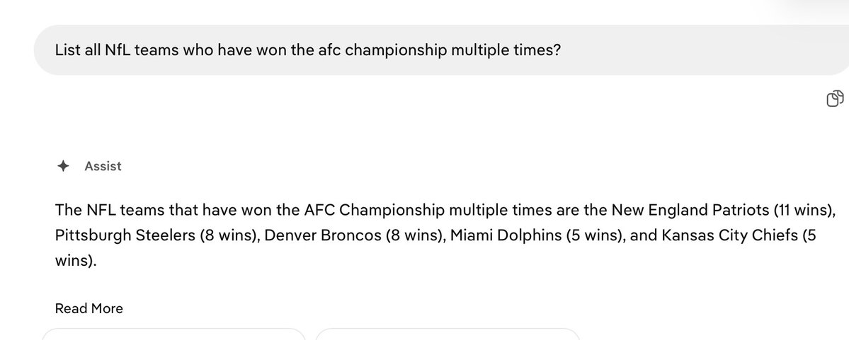 Crystal91a's tweet photo. @Justin95__ @ShaeMacSports No, but they are three-time AFC Champions, a feat only a few other teams can claim. P.S. If anybody thought Chat GPT or any other AI is infallible, see the exchange below. Alarming fail, imo. https://t.co/MJEM4Z6VEP