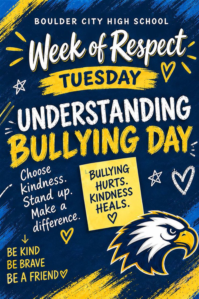 boulder_hs's tweet photo. 💙💛 Week of Respect | Tuesday
Understanding bullying starts with choosing kindness and standing up for others. Be kind. Be brave. Be a friend. 🦅
#WeekOfRespect #BCHS41 https://t.co/mc8xF7iU3q