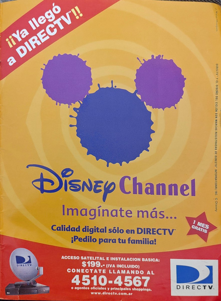 hernanpanessi's tweet photo. Disney Channel llegaba a DirectTV. Al comienzo, era un canal premium que estaba fuera de la grilla básica. Publicidad de la revista Disney Explora de agosto de 2000. En esos momentos, DirectTV costaba $199 + IVA (literalmente, un sueldo mínimo). Alguien tuvo DirecTV en esa época? https://t.co/7KA0Uia1aW