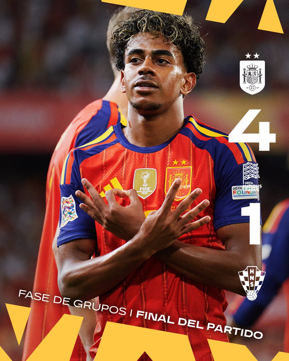 SEFutbol's tweet photo. 🏁 ¡¡𝗙𝗜𝗡𝗔𝗟 𝗗𝗘𝗟 𝗣𝗔𝗥𝗧𝗜𝗗𝗢 𝗘𝗡 𝗦𝗘𝗩𝗜𝗟𝗟𝗔!!

España consigue tres puntos de oro en el Ramón Sánchez-Pizjuán.

👩🏼‍💻 La crónica: https://t.co/sa0UAr7C1a 

🇪🇸 🆚 🇭🇷 | 4-1 | 90+4’

#VamosEspaña | #NationsLeague https://t.co/wg5PnrW1jo