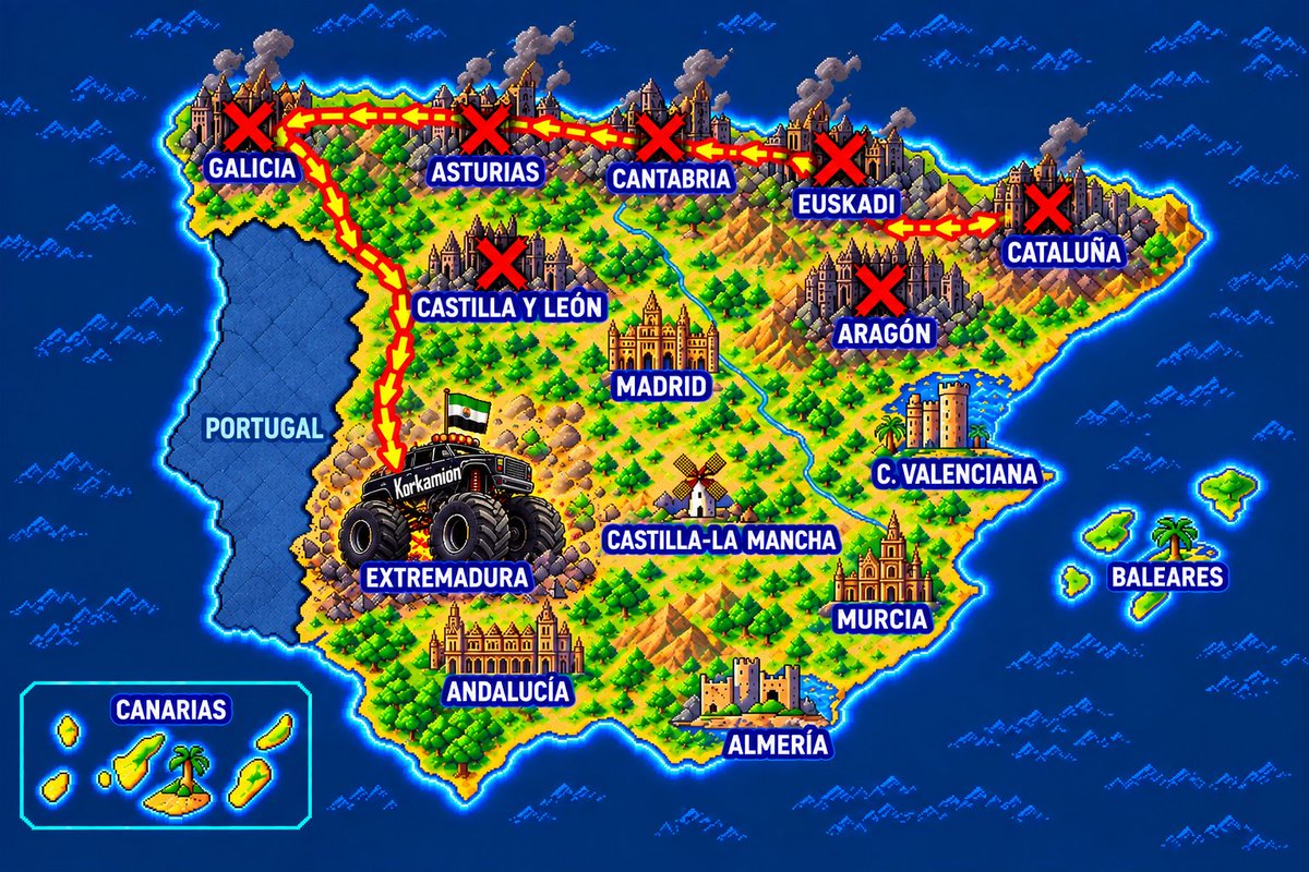 TekkenLevante's tweet photo. La Korkamioneta Levantina sigue su tour!! 🔥🔥🔥

Inició el viaje en Cataluña/Aragón, recorrió los paisajes de todas las regiones del Norte y llegó al Oeste de la península para explicarles a Extremadura de donde viene el ACHO 🗿

Próximo destino!!?? 😏😏😏 https://t.co/q8EPhpBS5L