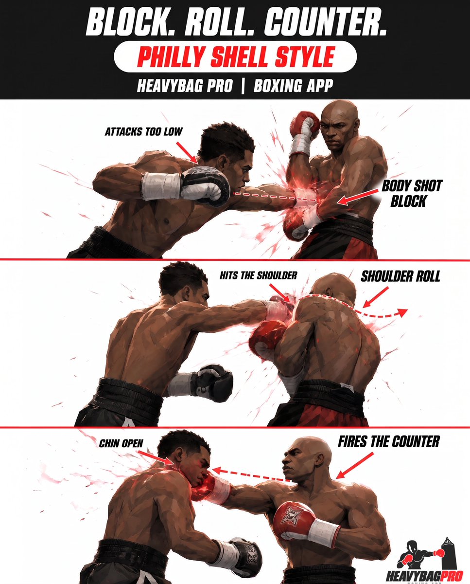 heavybagpro's tweet photo. Block. Roll. Counter. Philly Shell style.

Body shot blocked first. Follow-up hits the shoulder and rolls off instead of landing clean. Chin's open for a second, counter fires right there. https://t.co/PlZK6stAI9