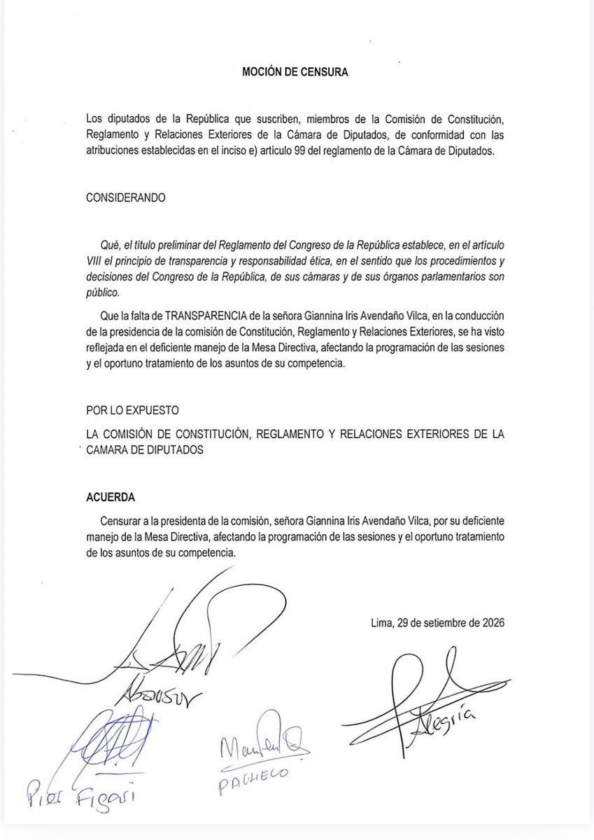 BankadaFP's tweet photo. 🚨#ComisiónDeConstitución:
Nuestros diputados piden censurar a la presidenta de la comisión, Giannina Avendaño Vilca, por su deficiente manejo de la Mesa Directiva, afectando la programación de las sesiones y el oportuno tratamiento de los asuntos de su competencia. https://t.co/4S5IGC2IRN