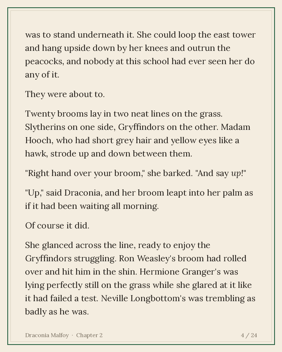 nomoontwo_'s tweet photo. Draconia Malfoy, Chapter 2: The Remembrall 🧵 (1/6)
She's been flying since she was five. Nobody at Hogwarts has seen it yet.
#HarryPotter #fanfic #Malfoid #FemDraco https://t.co/93mwyl0uVg