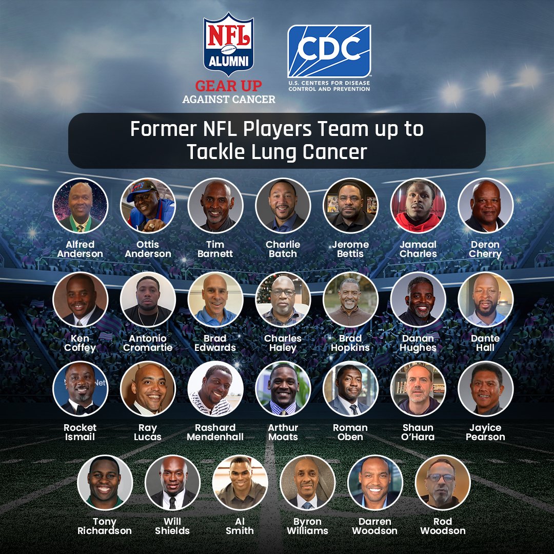 NFLAlumniNY_NJ's tweet photo. NFL Alumni and the NFLA Team extend their heartfelt thanks to the more than 30 former NFL players who lent their voices to the #GEARUPAgainstCancer Campaign conducted in collaboration with
@CDCgov.

Together, we reached more than 20M individuals through 30.8M social media impressions, 443M earned media impressions, and listening sessions with hundreds of cancer survivors and their caregivers in Dallas, KC, Northern New Jersey, and Pittsburgh, with messages about how to prevent and support early detection of lung cancer.  Alfred Anderson

@ojanderson24 Tim Barnett @charliebatch16 @jeromebettis36 @jamaalcharles @cherryderon @cro31 @bradedwards5 Ken Coffey @charleshaleyhof @b_hop72 @dahughesguy83 @ogxfactor82 @iamrocketismail Ray Lucas @r_mendenhall @dabody52 @r_oben @shaunohara60 @jcpearson24 Tony Richardson @wshields68 @asmith54pro @byronwilliam87 @darrenwoodson28 @rodwoodson26