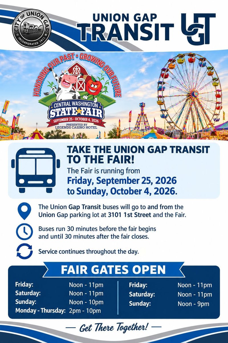 CityofYakima's tweet photo. 🎡 Headed to the Central Washington State Fair? RIDE FREE with Union Gap Transit!
Fair Dates: September 25 – October 4
Easy pick-up: 3101 1st Street, Union Gap, WA 98903
Buses run every 30 minutes before and after fair hours
#StateFairPark #YakimaEvents #FreeRide https://t.co/jqyuGrlOeA