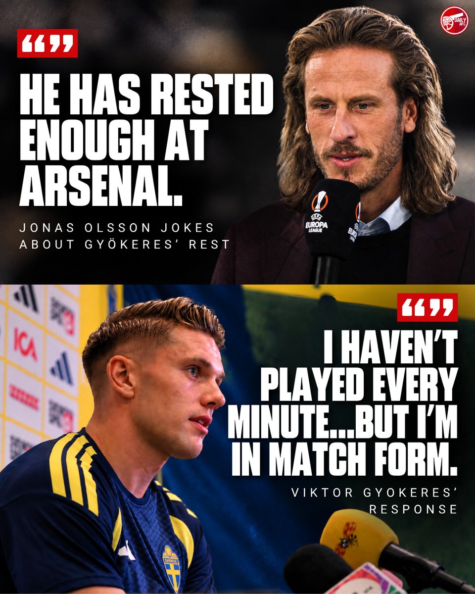 DailyAFC's tweet photo. 🗣️ Graham Potter was asked whether Viktor Gyökeres might need a rest.

“If I suggested Viktor wanted to rest, he would probably rip my head off.”

🗣️ Jonas Olsson then joked: “He has rested enough at Arsenal.” 😅

🗣️Gyökeres was asked about the exchange:

“I haven’t played every minute, but I’ve had matches. Especially in the last few weeks.”

“I may not have played every third day, but I feel like I’m in match form.” ✅