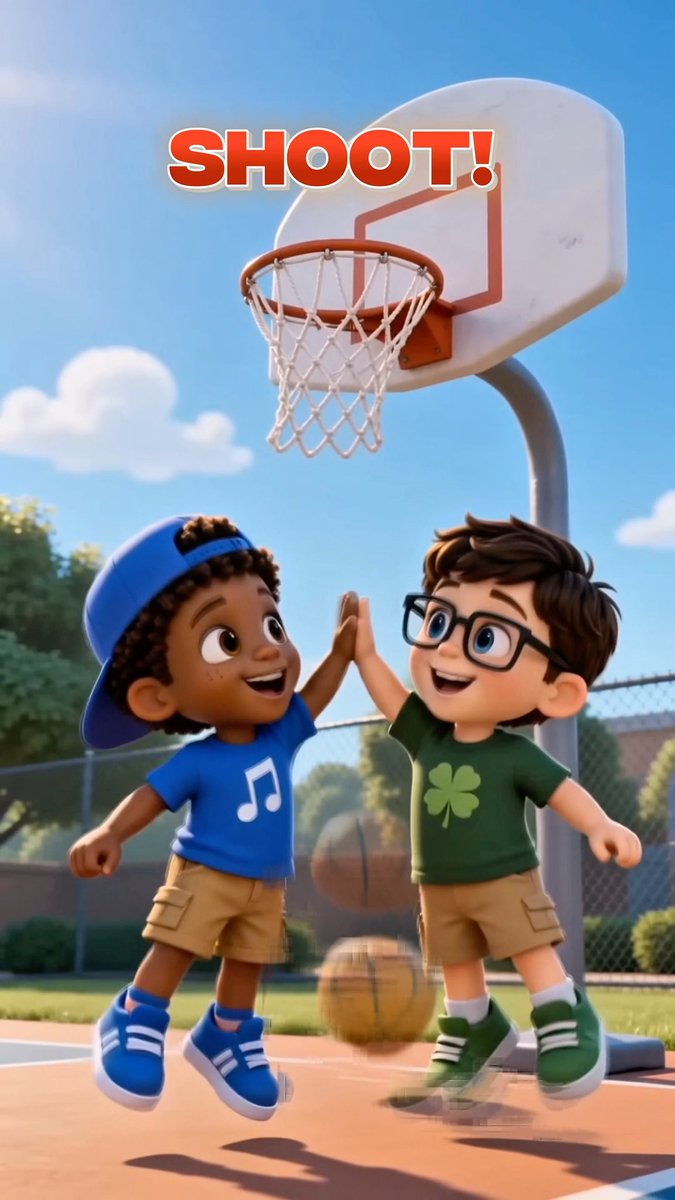 A 3D animated image shows two cartoon boys giving each other a high-five on a basketball court under a hoop, with the word 'SHOOT!' displayed in bold red letters above them.