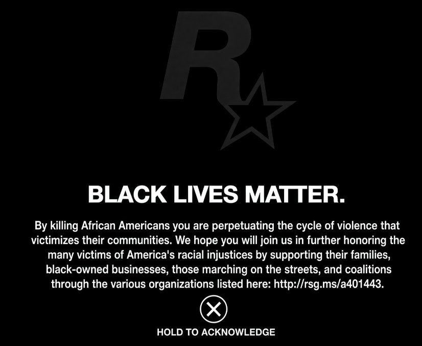 interstatejuche's tweet photo. Whenever you kill a black person in GTA VI this pops up and you have to hold X for 10 seconds before it lets you continue playing https://t.co/DhPwVBGR2i