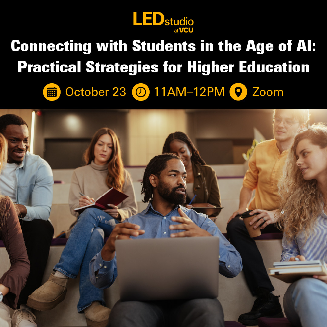 VCU_LEDstudio's tweet photo. Join LEDstudio on Friday, October 23 from 11 AM to 12 PM for a virtual workshop where you’ll experiment with AI activities that generate questions and create active learning exercises. Register here https://t.co/SXtPJVeiKQ
#StudentEngagement #ActiveLearning #LEDstudio https://t.co/uW4VTAH09B