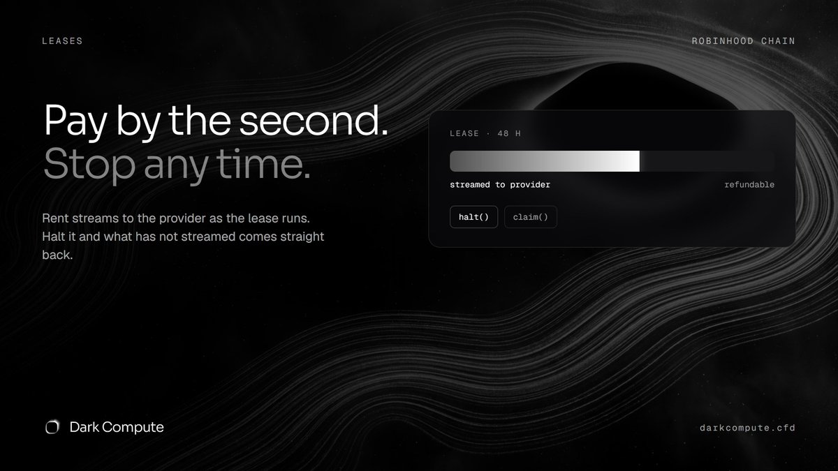 Dark_Compute's tweet photo. Rent streams to the provider by the second.
Halt the lease any time. What has not streamed comes straight back to you.
No prepaid month. No lock-in. https://t.co/OZUw2kgPxj