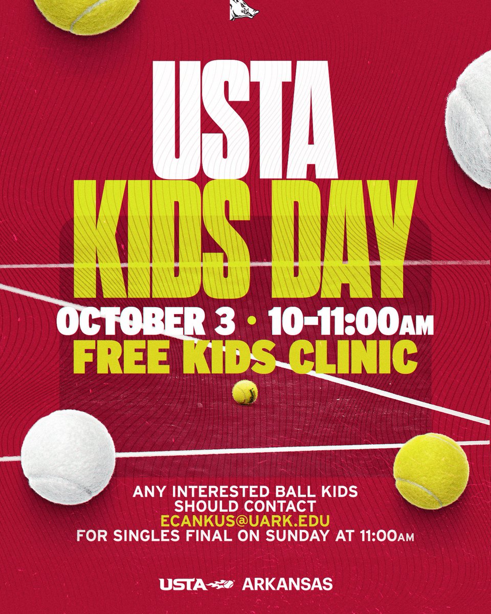 RazorbackMTEN's tweet photo. Free Kids Clinic Saturday, October 3rd from 10-11:00 AM 🎾 https://t.co/pq30nVUff3