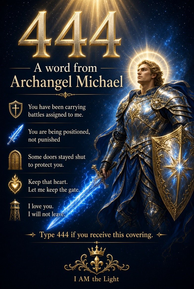 findinmyway2luv's tweet photo. ✨444✨

A word from Archangel Michael.⚔️🛡️💙

Dear child of the divine, lift your head.

I did not come to add weight to your shoulders. I came to take what never belonged there. You have been carrying battles that were assigned to me.

You have been scanning every room for danger as if the night watch was yours alone. It is not. Heaven put me over your covering. Your name is already under my watch.

Hear me clearly. You are not forgotten. You are not behind. You are not being punished with delay. You are being positioned.

Some doors stayed shut because I would not let you walk into a room that was built to break you. Some people left because I would not let them stay and drain what Heaven put in you. That was not abandonment. That was protection wearing a hard face.

You have survived more than most will ever know. That was not luck. That was assignment plus covering. Your heart is still tender. That is not weakness. That is proof the war did not get to steal who you are. Keep that heart. Let me keep the gate.

When fear rises tonight, do not argue with it. Speak this: I am covered. I am seen. I am not alone. Then rest. I will do what you cannot see. I will go where you cannot go. I will stand where you are tired of standing.

Peace is coming back to your house. Strength is coming back to your bones. Favor is coming back to your name. Walk like a child who knows the warrior of Heaven is already in the room.🌟

I love you. I am proud of you. I will not leave.🗡️🪽

Type 444 if you receive this covering.