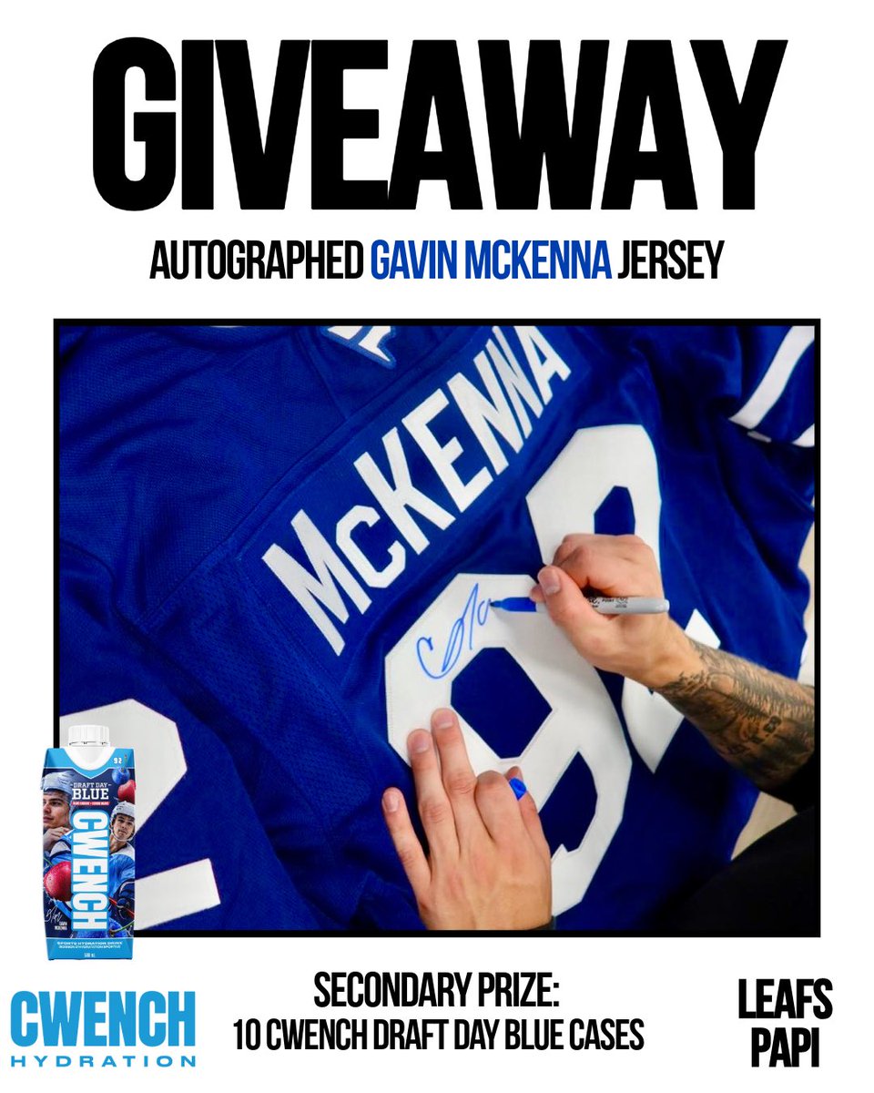 LeafsPapi_'s tweet photo. I’m teaming up with Cwench and giving away a SIGNED GAVIN MCKENNA jersey 🤯🤯 

To enter:
- like and repost this tweet
- follow me on X and Instagram (leafspapi)
- comment done

Must follow all 3 steps or your entry won’t count!

Winner will be announced at the end of the week 💙

#Leafs