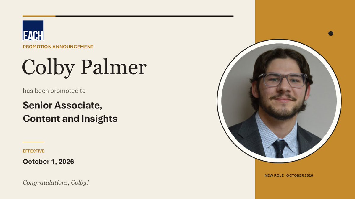 EACHEnterprise's tweet photo. Pleased to announce that Colby Palmer has accepted the position of Senior Associate, Content and Insights effective October 1, 2026. #401k #403b #457b #insights https://t.co/MpckUhIQPO