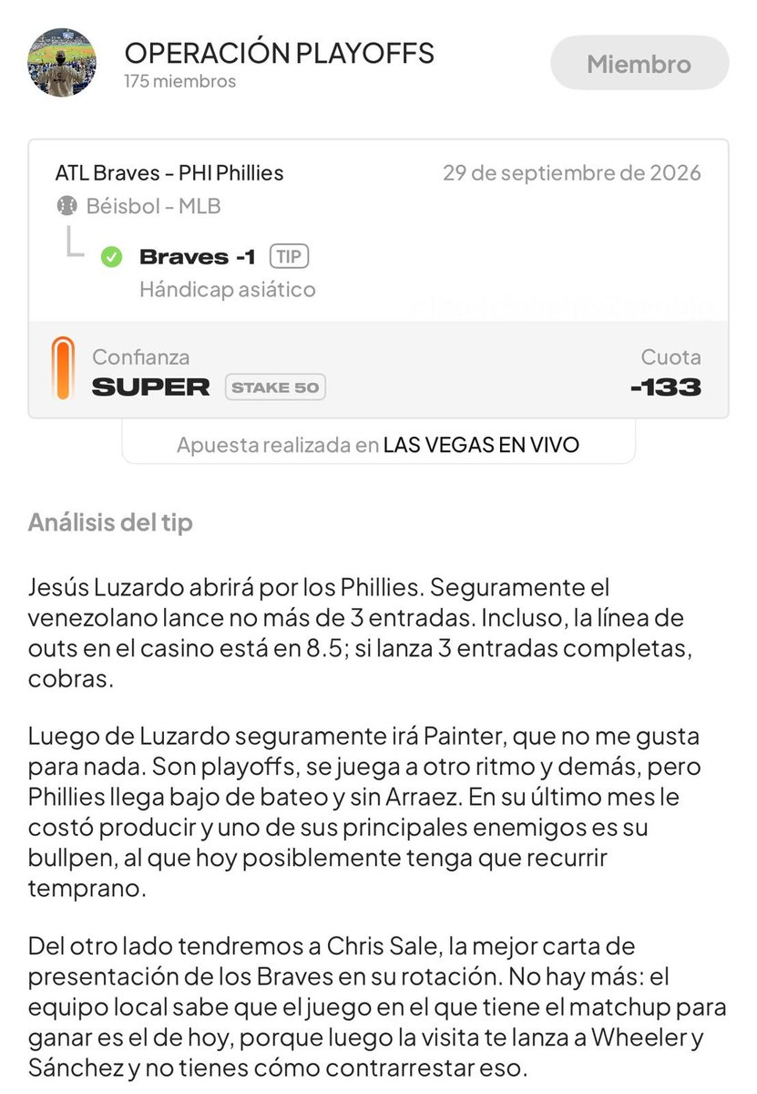 GallitoVip's tweet photo. COBRAMOS NUESTRA PRIMERA JUGADA FUERTE DE MLB 💪

Los juegos tienen 9 innings hay que apoyar hasta el final 

Ahora tenemos el camino listo para ganar la jugada del mes.

No quiero que nadie se quede afuera 🤝 https://t.co/9jSEVPB0RL