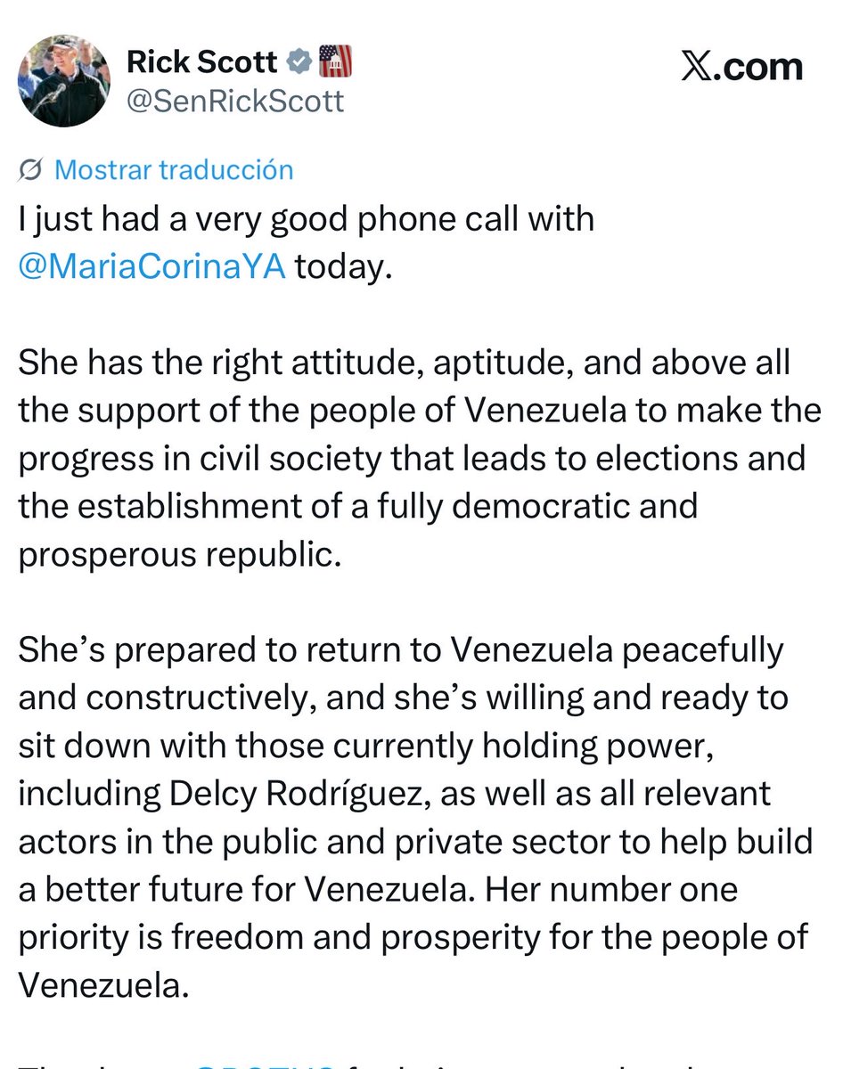 OrlvndoA's tweet photo. #AHORA | Senador republicano Rick Scott informa que habló por teléfono con María Corina Machado.

Dice que Machado está preparada para volver a Venezuela e insiste en que tiene que estar allá y que no hay mejor aliada para los EEUU. 

Dice que su liderazgo está en el mejor interés de los EEUU.