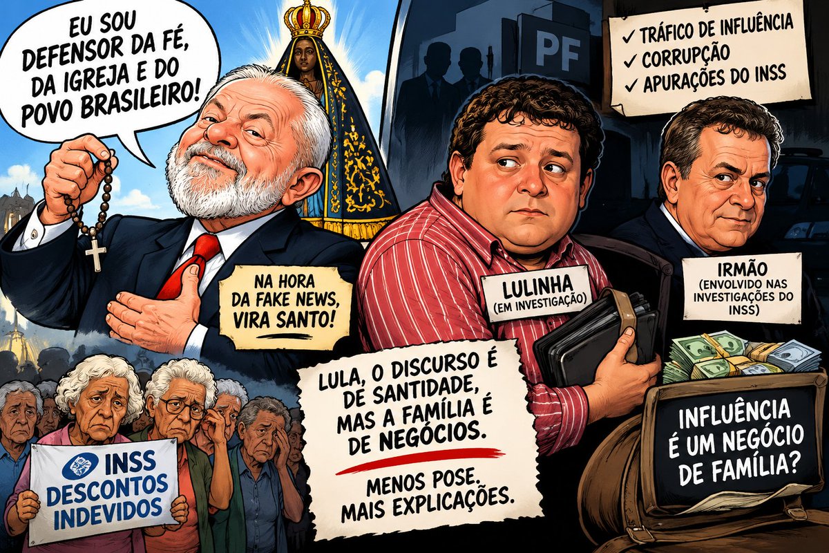 Akeleabrassu's tweet photo. Quando a fake news envolvendo Nossa Senhora Aparecida apareceu, Lula correu para vestir o manto de defensor da fé e posar de paladino da Igreja.
Lulinha é alvo de investigações da PF por suspeitas de tráfico de influência e corrupção, enquanto o nome dele também apareceu nas apurações sobre o escândalo dos descontos indevidos do INSS. Seu irmão também esteve ligado, por meio do sindicato que dirigia, às investigações do caso.
Ninguém está dizendo que investigação é condenação. A questão é outra: se Lula exige rigor e transparência dos outros, por que não demonstra o mesmo rigor quando as suspeitas envolvem pessoas próximas?
Presidente Lula: menos discurso, menos santificação política e mais explicações.
#ForaLulaLadrão. Lulinha. Biden. 
Paes. Pátria E Orgia. Papa. Janja. 
Michelle. Paulinho da Força. Nulo.Marília. Leila. Rizek. Blaze. 
4 Dinos.  Simone Tebet. Caiado. 
Helder. Flavinho. Hugo Motta. Damares. PSTU. Eleições 2026.
CATÓLICOS NÃO SERÃO CALADOS. Pedófilo. Ruas. Grok. 
Flávio Falso Cristão. 
PROTEJAM NOSSAS CRIANÇAS.
Presidência. Sebastião. Dia 4.
BiaKicis. Nojento
#ForaLulaForaPT
LULA NÃO TOQUE NAS CRIANÇAS.RESPEITEM NOSSA FÉ. Kassio Nunes Marques. 
APARECIDA MERECE RESPEITO