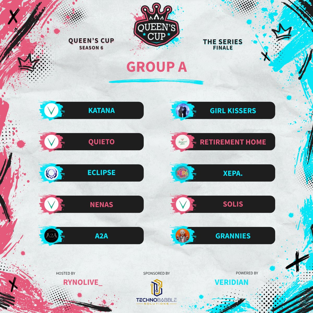 RynoLive_'s tweet photo. Queen's Cup Season 6: The Fianle kicks off Friday at 7pm EST with groups AvB! This will be my last organized event for Apex Legends. EVER!

With that said lets announce our first group of teams!

Sponsored by Technobabble &amp; Powered by @Veridian_Esport https://t.co/ZFNRLi5IWK