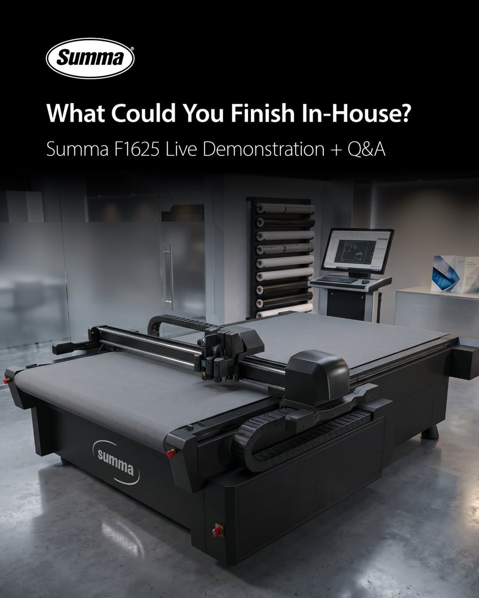 LexJet's tweet photo. Join LexJet and Summa on Tuesday, October 6, for a live demonstration of the Summa F1625 Vantage and see it in action across rigid and flexible materials. Then bring your finishing questions for a live Q&amp;A with Summa experts. Register now. https://t.co/pKCmeiaASn https://t.co/QGphIx1kFv